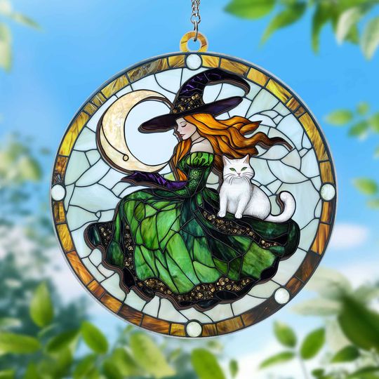 Witchcraft Cat Halloween 2 Layered Hanging Suncatcher