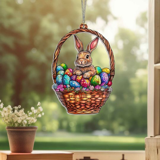 Rabbit in Egg Basket  Suncatcher Acrylic Window Hanging