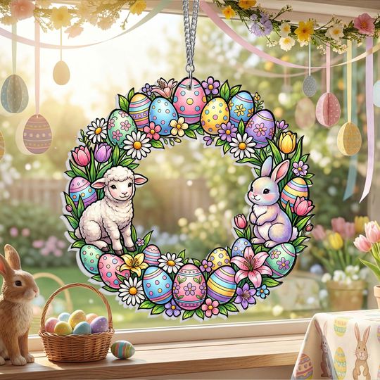Happy Easter Day Suncatcher, Easter Wreath Acrylic Suncatcher Hangings
