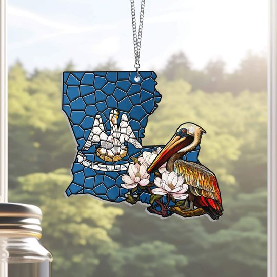 Louisiana Brown Pelican Bird and Magnolia Flower Suncatcher Acrylic Hanging