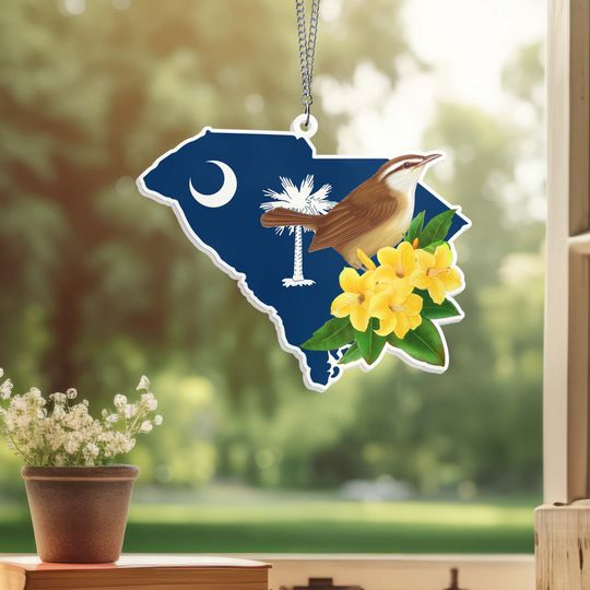 South Carolina Wren and Yellow Jessamine Flower Suncatcher Acrylic Hanging VTM306ASn
