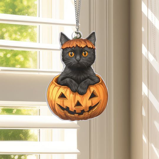 Halloween Black Cat In Pumpkin Suncatcher Acrylic Hanging