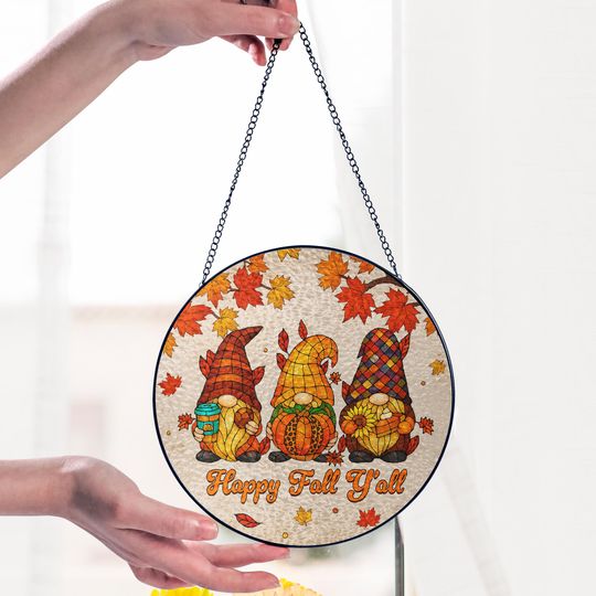Happy Fall Y'all Gnome Autumn Stained Glass Suncatcher – Handmade Colorful Pumpkin & Leaf Window Decor, Perfect Cozy Thanksgiving Gift