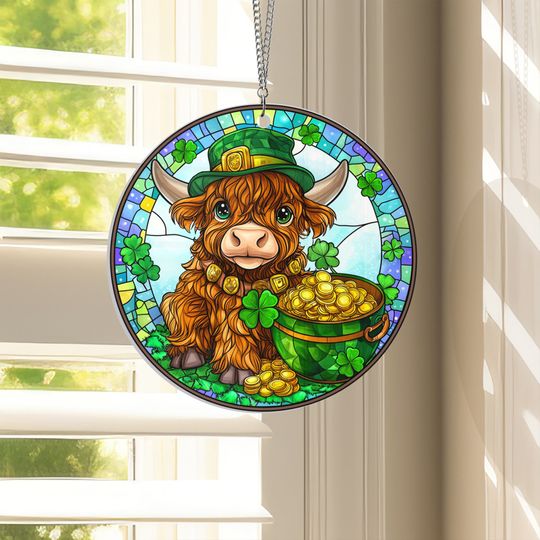 Irish Highland Cow St. Patrick’s Day Acrylic Suncatcher Hanging