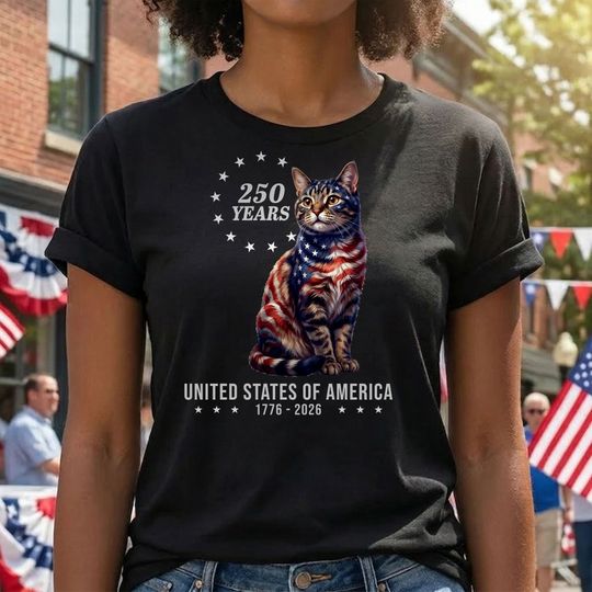 Patriotic American Cat T-Shirt, 250 Years of America 1776 2026 Tee for Cat Lovers