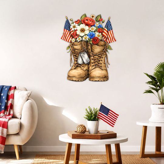 Military Boots Floral Memorial Day Remember And Honor Hanging Metal Sign