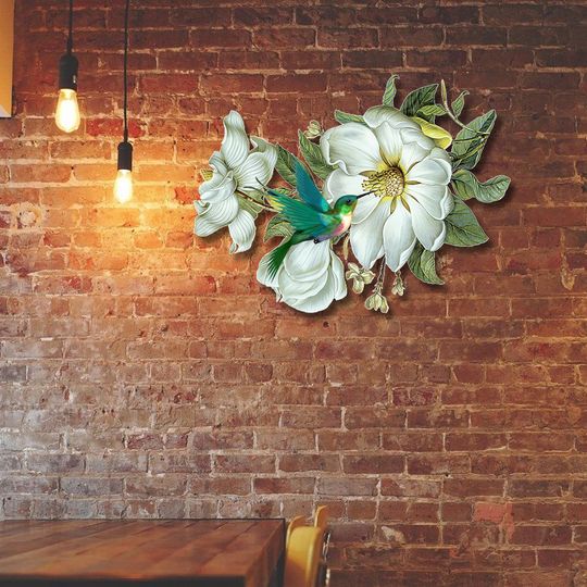 Hummingbird With Flowers Hanging Metal Sign