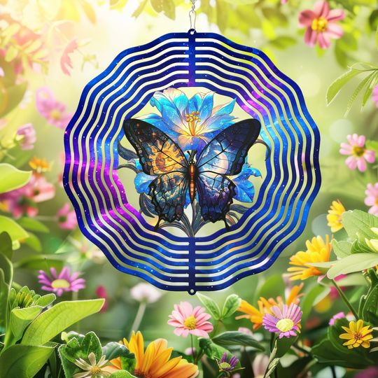 Celestial Butterfly and Blue Lily Flower, Hippie Wind Spinner