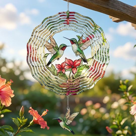 FLAGWIX Hummingbird Gifts for Women - 3D Stainless Steel Metal Wind Spinners 12 in - Hummingbird Wind Spinner Yard Decorations Outdoor Indoor Hanging Garden Decor, Birthday Gifts for Women 3-Day Shipping