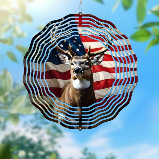 US Flag Deer Wind Spinner