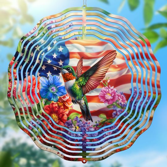 Hummingbird Flower With USA Flag Wind Spinner