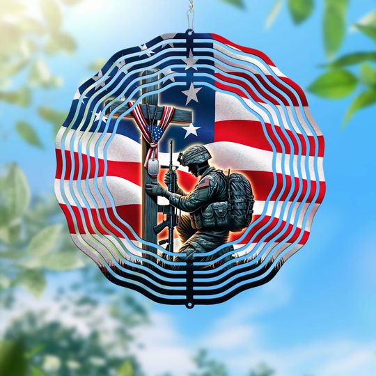 Stand For The Flag, Veteran Christian Cross Memorial Wind Spinner