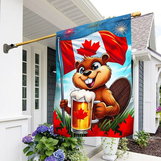 Happy Canada Day Funny Beaver Holding Beer Flag