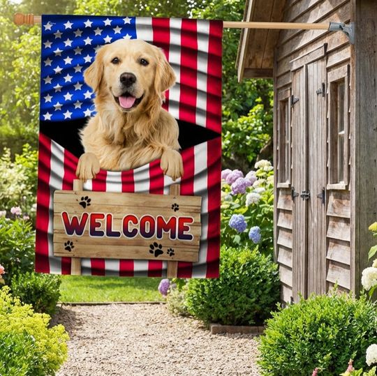 Golden Retriever Dog Welcome American Flag TQN1135Fv2 3-Day Shipping