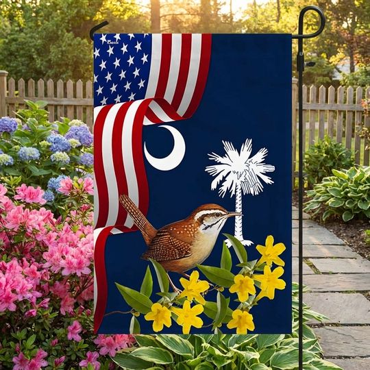 South Carolina Yellow Jessamine Flower and Carolina Wren Bird Flag 3-Day Shipping