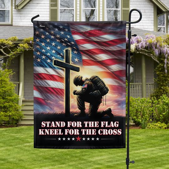 FLAGWIX Veteran Kneeling Christ Cross American Flag Stand For The Flag Kneel For The Cross Patriotic Veterans Day Decor