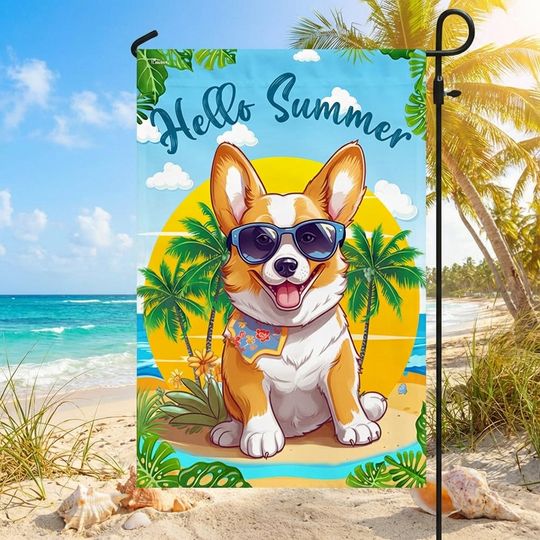 Corgi Dog Hello Summer Flag