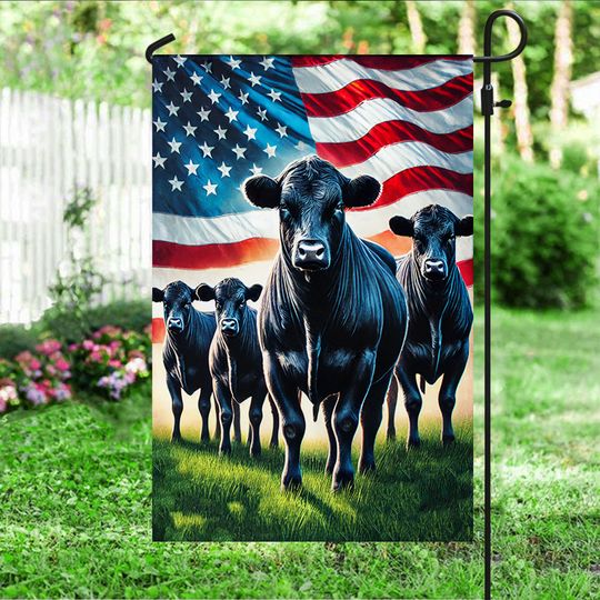 Black Angus Cattle American Flag, Farm Flag