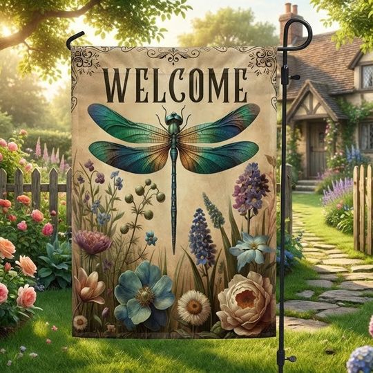 Welcome Spring Dragonfly Flag for Outdoor Home Decor