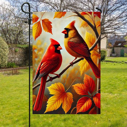 Cardinal Fall Autumn Leaves Flag