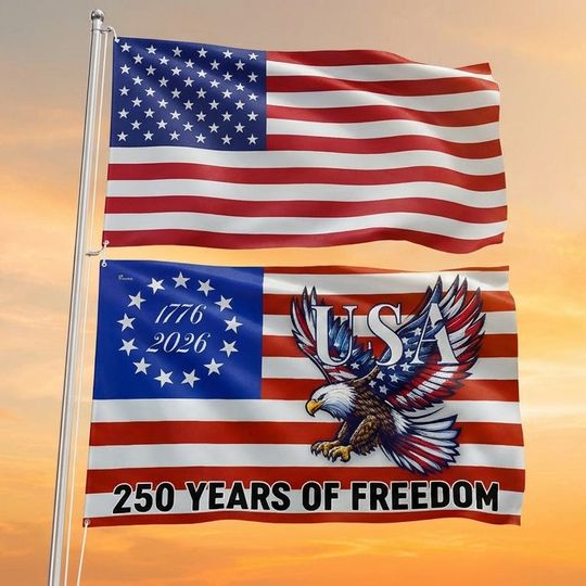 250 Years Of Freedom Flag | Bald Eagle Patriotic 1776–2026 Grommet Flag