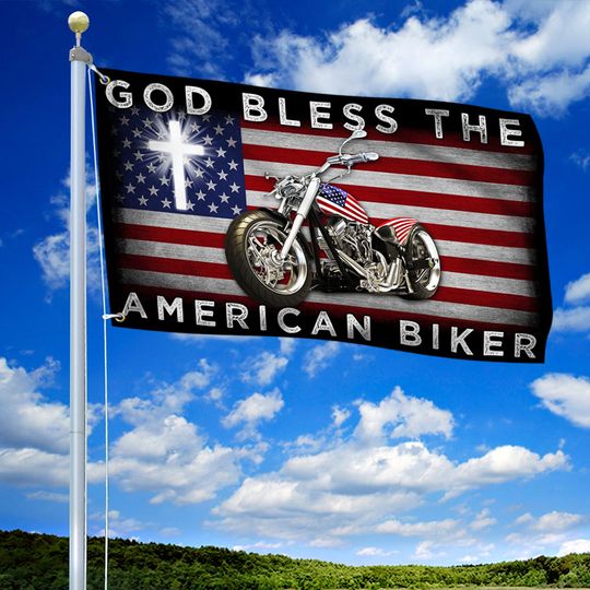 God Bless The American Biker Motorcycle Grommet Flag