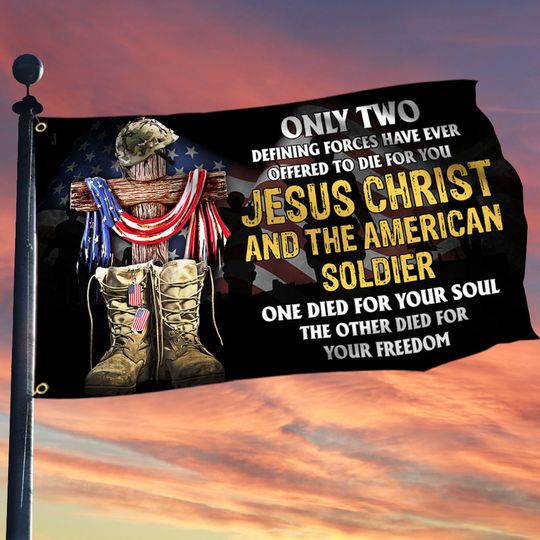 U.S. Veteran Day Grommet Flag Jesus Christ And The American Soldier