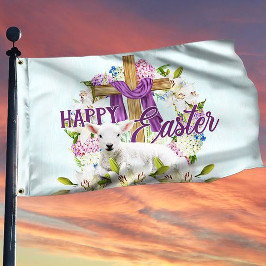 Happy Easter, Lamb Christian Cross Grommet Flag
