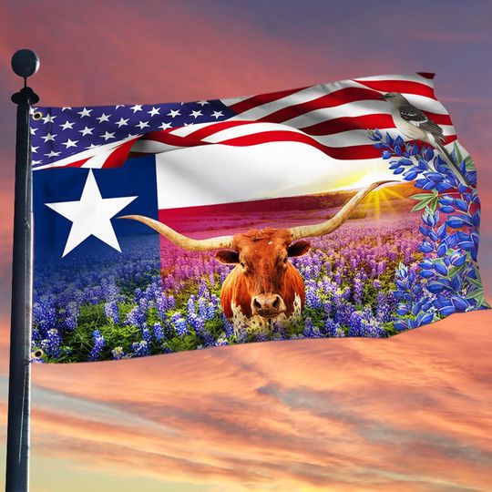 Texas Longhorns Bluebonnets Mockingbird, Texas Flag