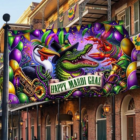 Happy Mardi Gras Alligator Pelican Crawfish Grommet Flag