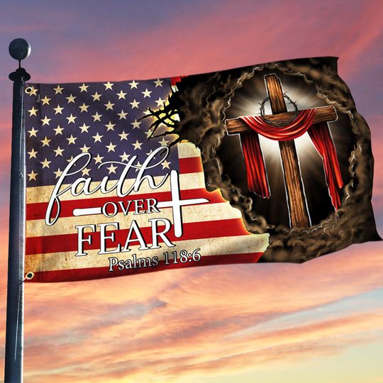 Jesus. Christian Cross. Faith Over Fear American Flag