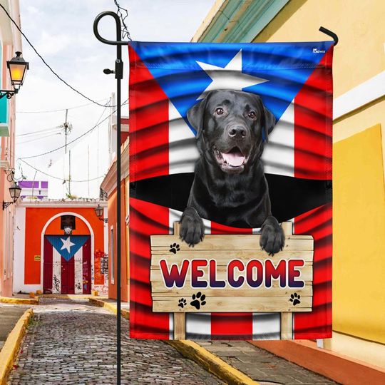 Black Labrador Dog Welcome Puerto Rican Flag