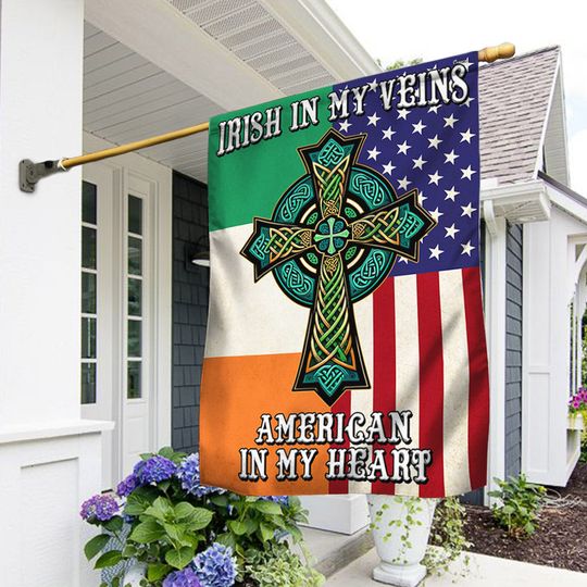 FLAGWIX  Irish Celtic Knot Cross Flag Irish In My Veins American In My Heart Flag