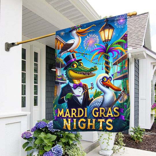 FLAGWIX  Mardi Gras Nights Alligator Pelican Flag
