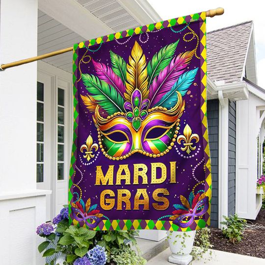 Happy Mardi Gras Flag Mardi Gras Masquerade Beads Flag