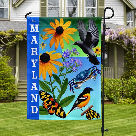 FLAGWIX Maryland with Black-Eyed Susan Flowers, Chesapeake Bay Blue Crab and Baltimore Oriole Flag