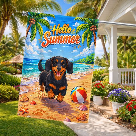 Dog American Flag, Dachshund Hello Summer Beach Vibes US Flag