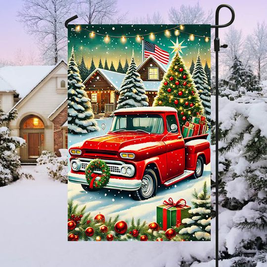 Christmas Red Pickup Truck Merry Christmas Flag