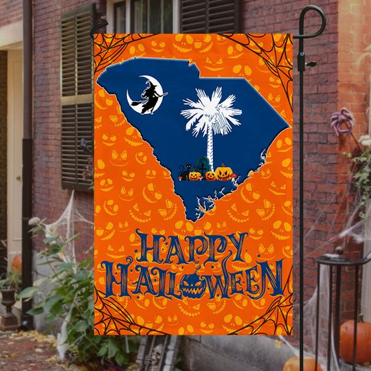 South Carolina with Palm Tree and Witch Flying Halloween Flag