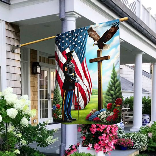 Veterans Day Flag, American Soldier Standing Before The Cross Eagle Flag