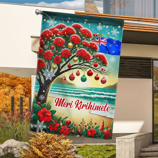 New Zealand Christmas Pohutukawa Tree Meri Kirihimete Flag