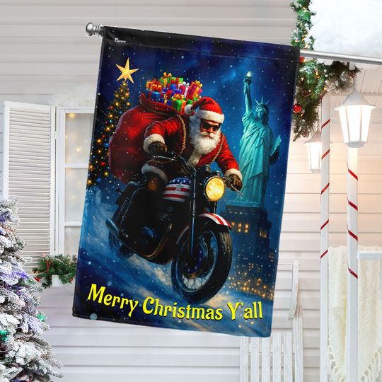 Merry Christmas Y'all Flag | Santa Ride Motorcycle Christmas US Flag