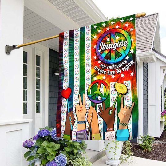 Hippie Peace Sign Imagine All The People Living Life In Peace Flag