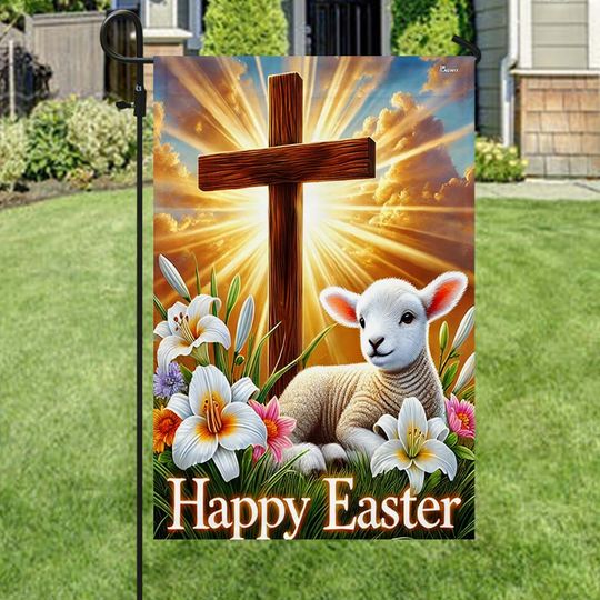 Lamb Christian Cross Happy Easter Flag