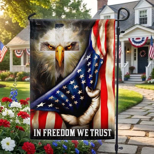 Christian Flag, Patriot American Cross Eagle In Freedom We Trust US Flag