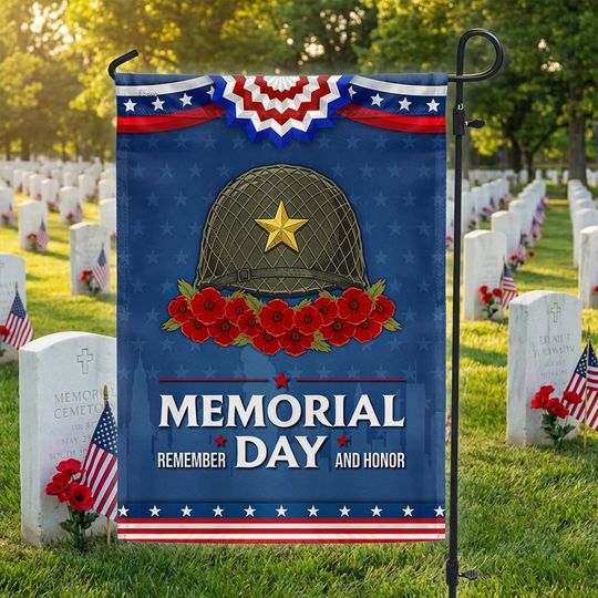 Memorial Day Flag, Vintage Green Military Helmet Remember and Honor Decor