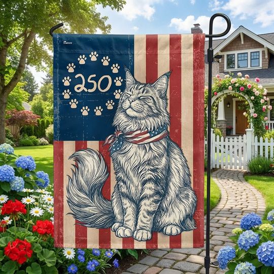 Flagwix Patriotic Maine Coon Cat Garden Flag - 250th Anniversary Patriotic Paw Prints Betsy Ross Flag Decor