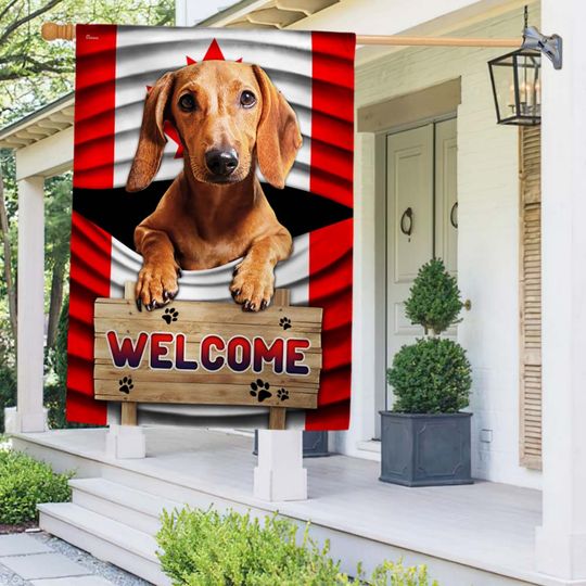Red Dachshund Dog Welcome Canada Flag