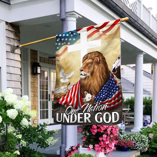 One Nation Under God Lion Lamb Christian Cross Flag