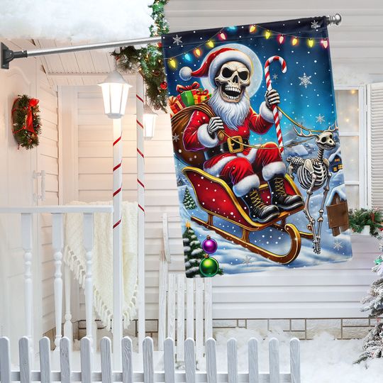 Funny Skeleton Santa Claus And Reindeer Christmas Flag